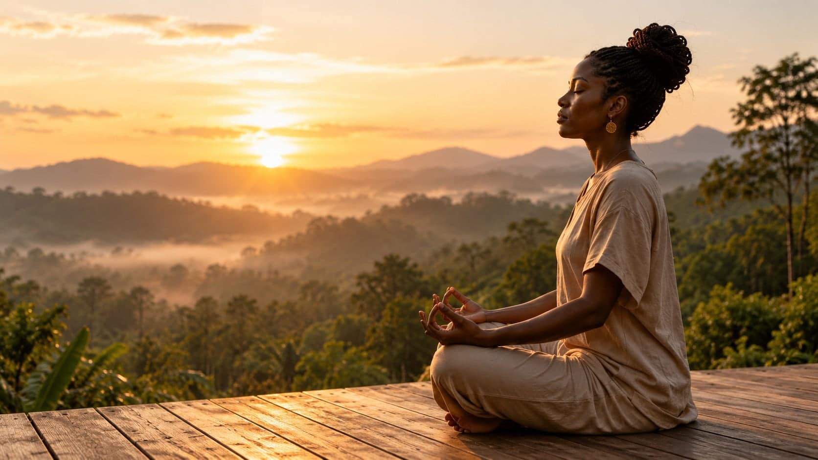 Femme en méditation, assise en lotus sur une terrasse en bois face à la forêt au lever du soleil