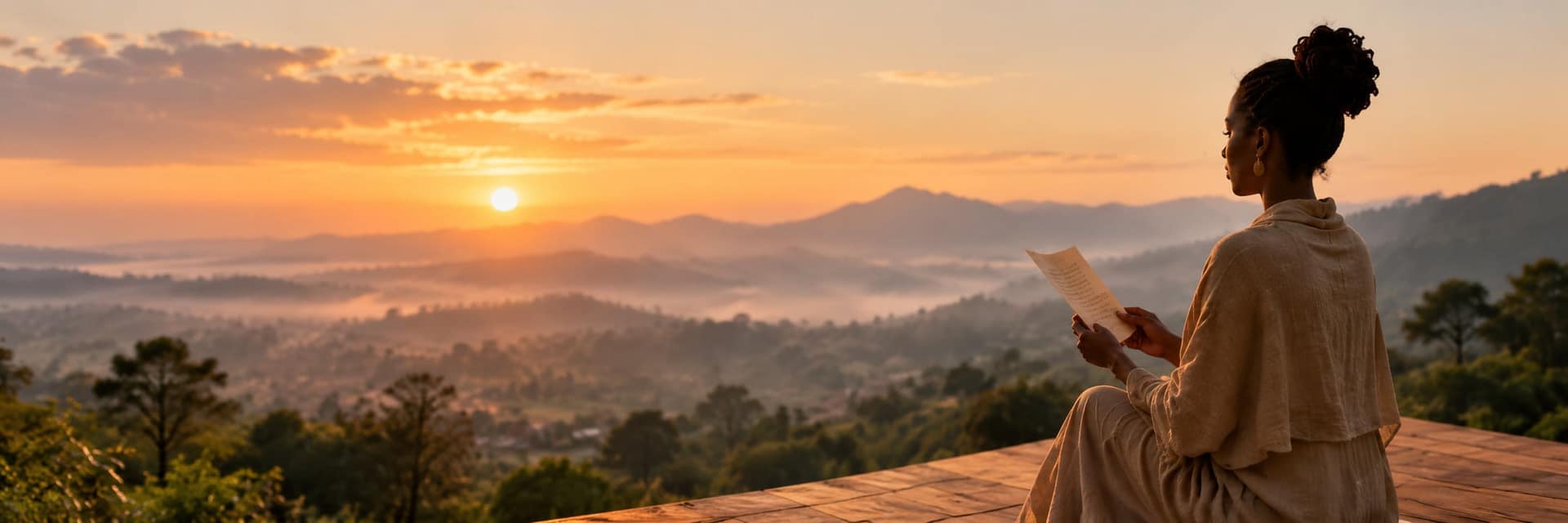 Femme assise sur une terrasse, lisant une lettre devant un paysage de collines au lever du soleil