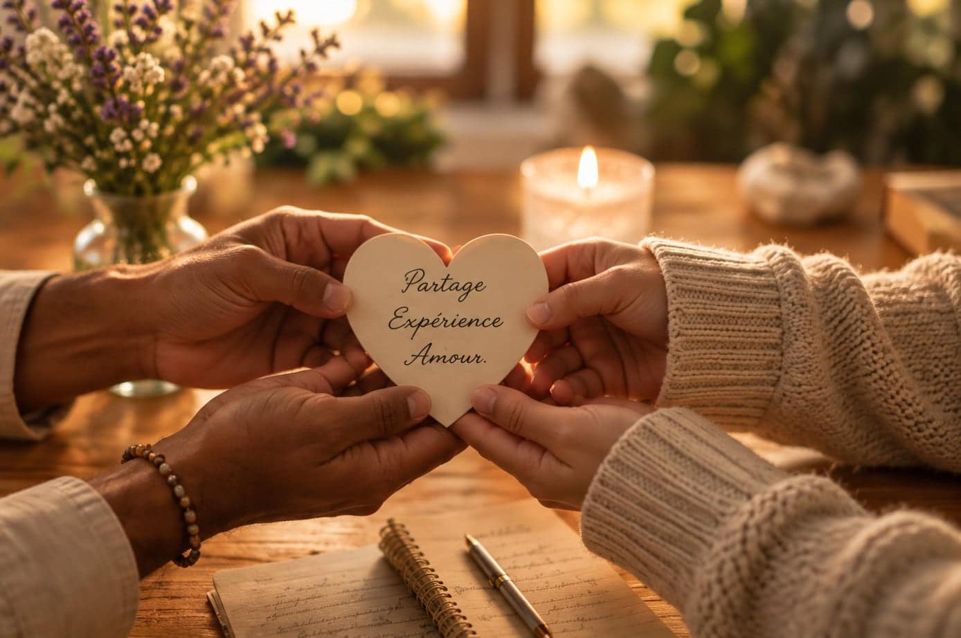 Deux personnes tiennent ensemble un cœur en papier portant les mots Partage, Expérience, Amour