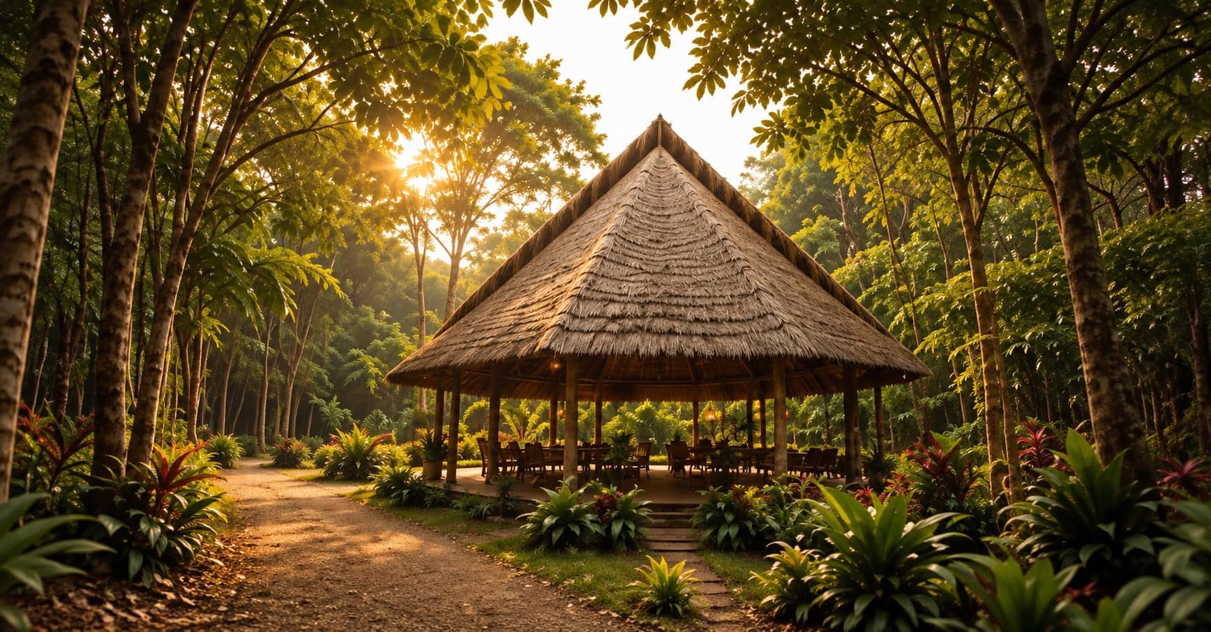 Grande paillote au toit de chaume au milieu d’une forêt tropicale, éclairée par le soleil du soir