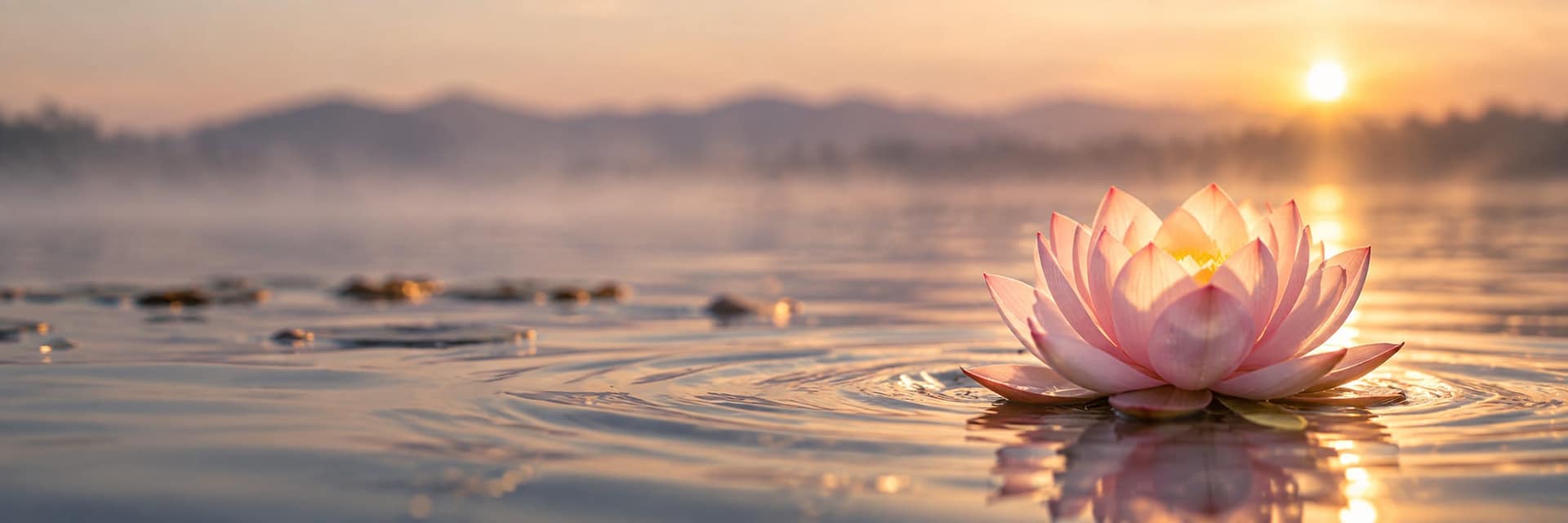 Fleur de lotus rose posée sur l’eau, illuminée par le soleil levant