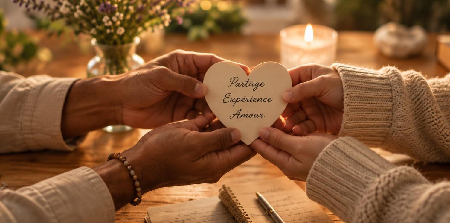 Deux paires de mains tenant ensemble un cœur en bois gravé des mots Partage, Expérience, Amour